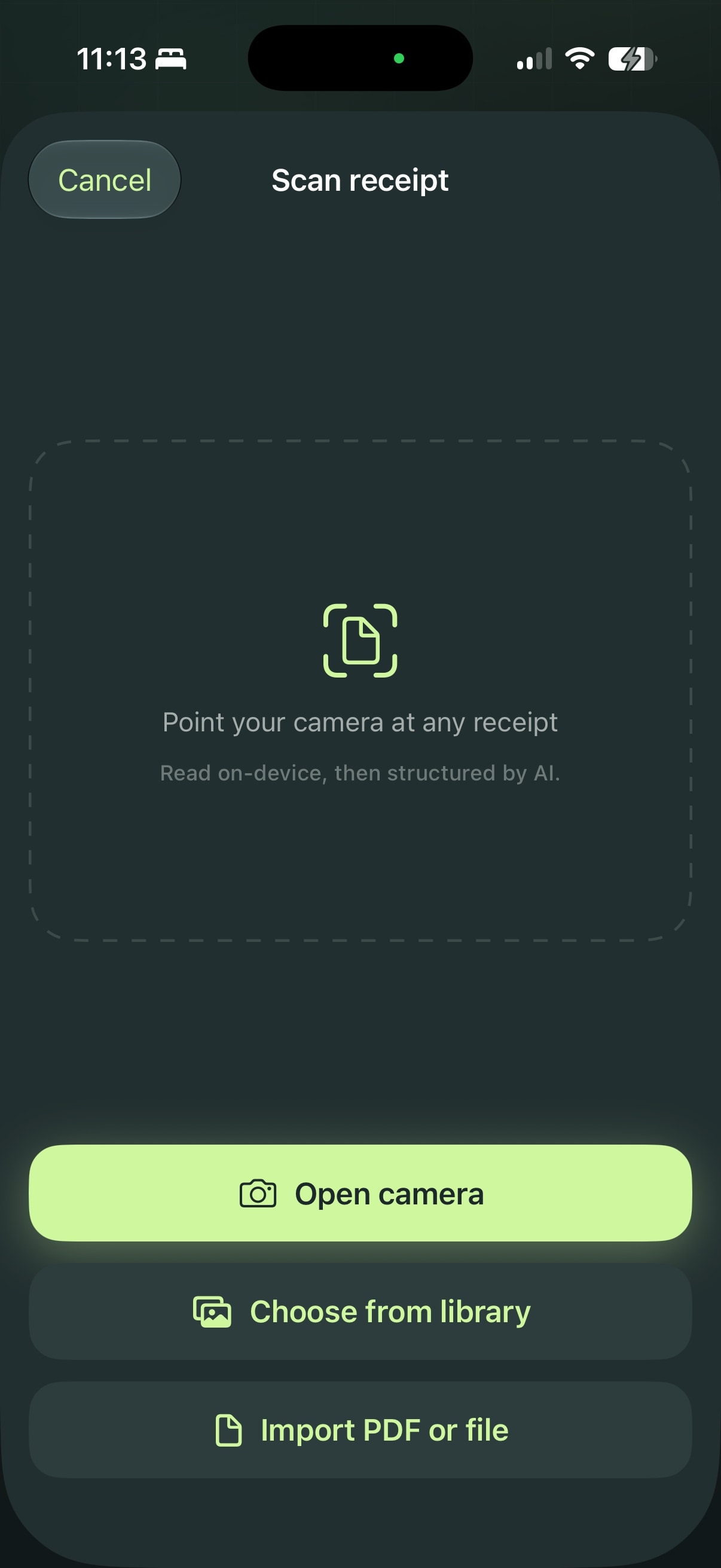 Split scan receipt screen prompting to point the camera at a receipt