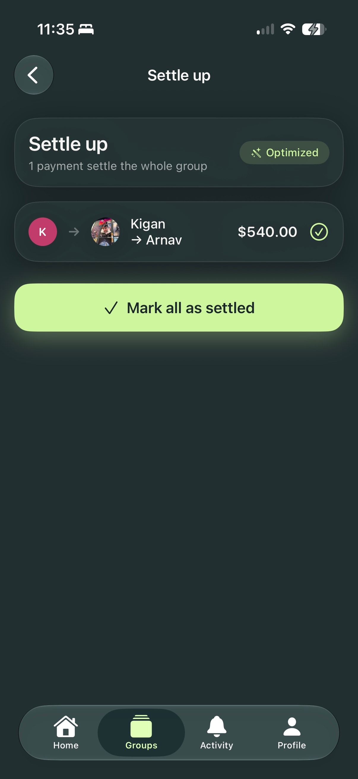 Split settle up screen reducing the group to a single optimized payment